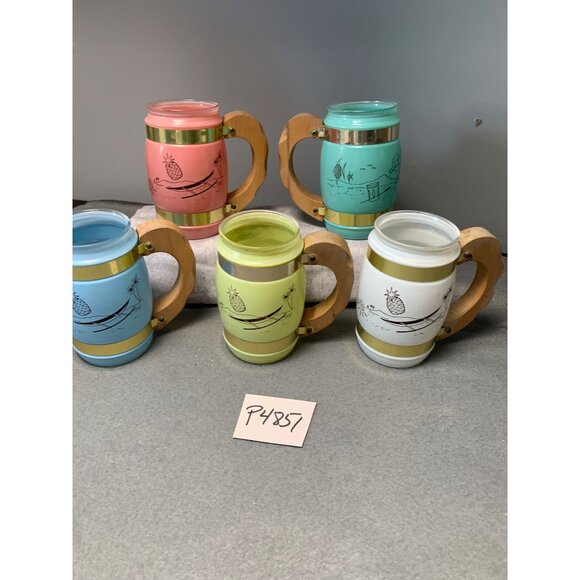 Vintage Siesta Ware Frosted Tiki Mugs With Wood & Brass Handles - 5 Rainbow Colo - Picture 11 of 13